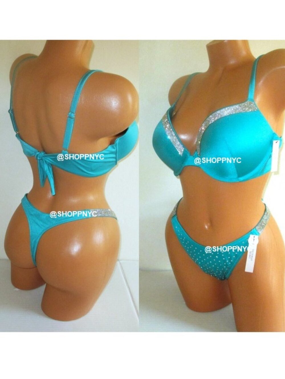 VICTORIA SECRET SWIM 34DDD/M Shine Strap Push Up Top Bikini Set Thong Bottom